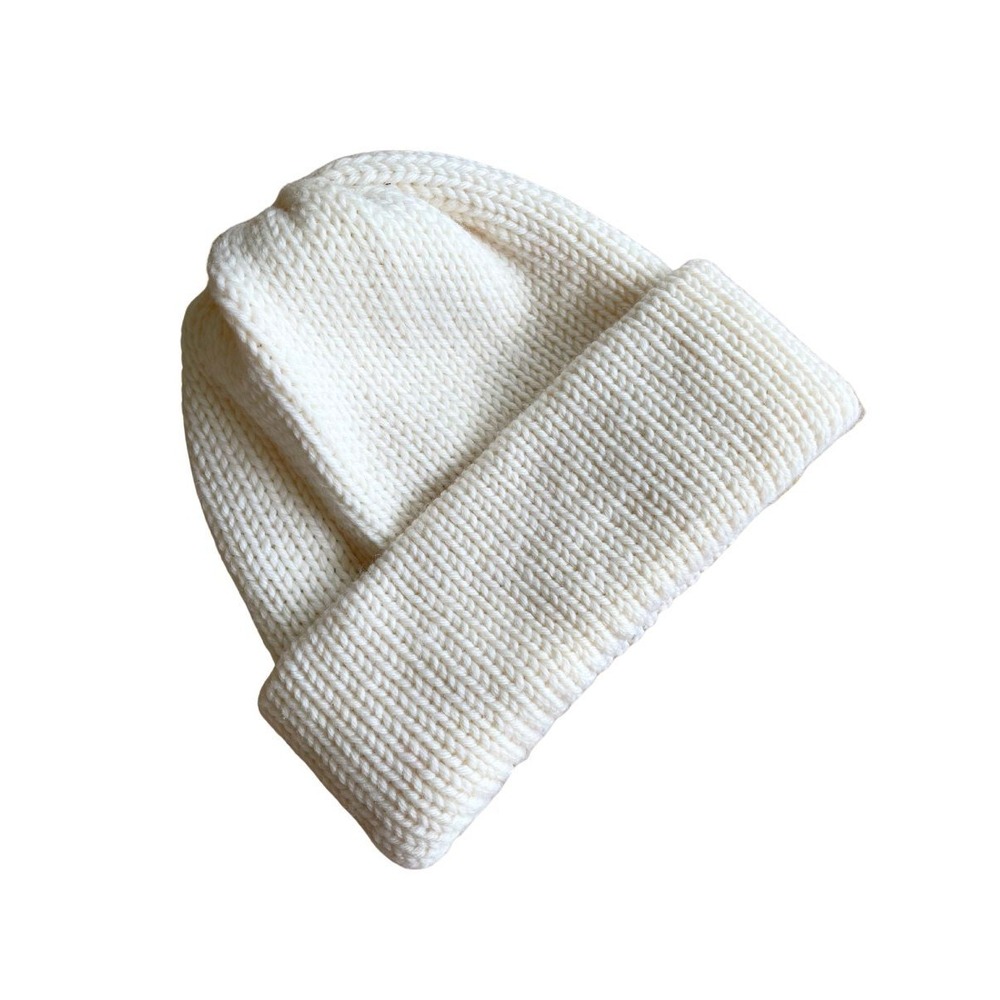 100% Wool Made In USA Cream Off-White Ivory Beanie Cap Winter Hat Warm One Size